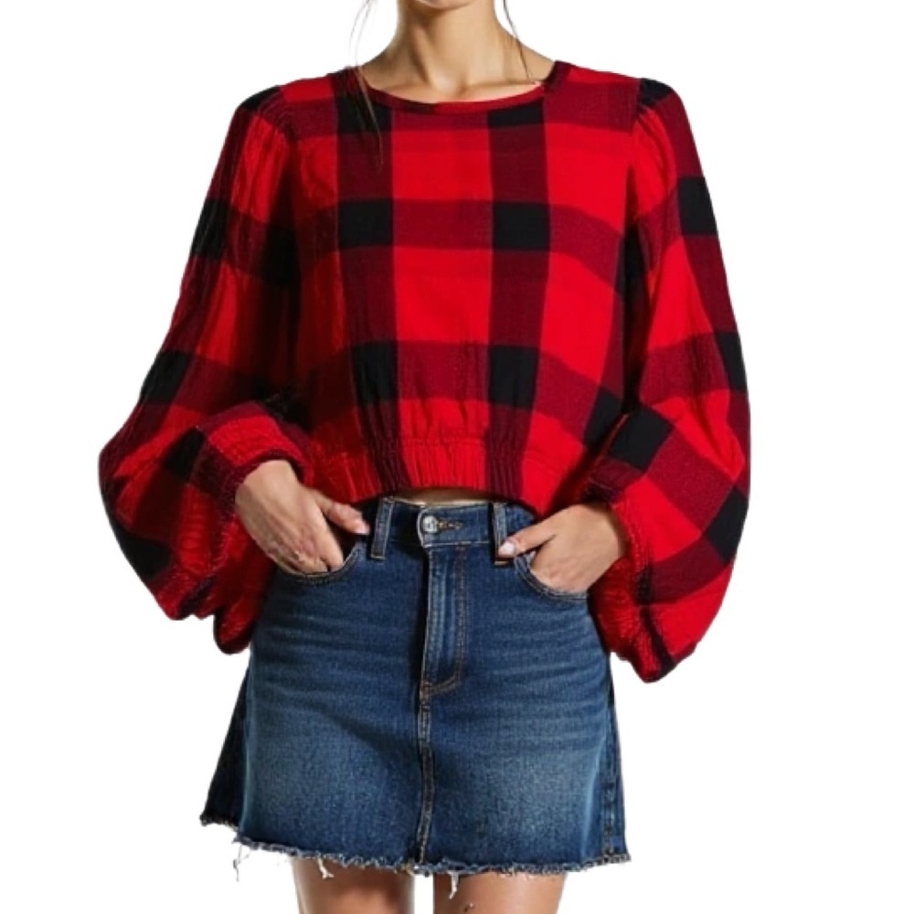 Anthropology Cloth & Stone Plaid Crop Blouse in Red & Black Size XXS